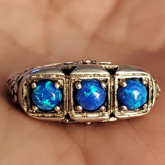 Jewelry - Art deco style trio blue opal sterling silver ring